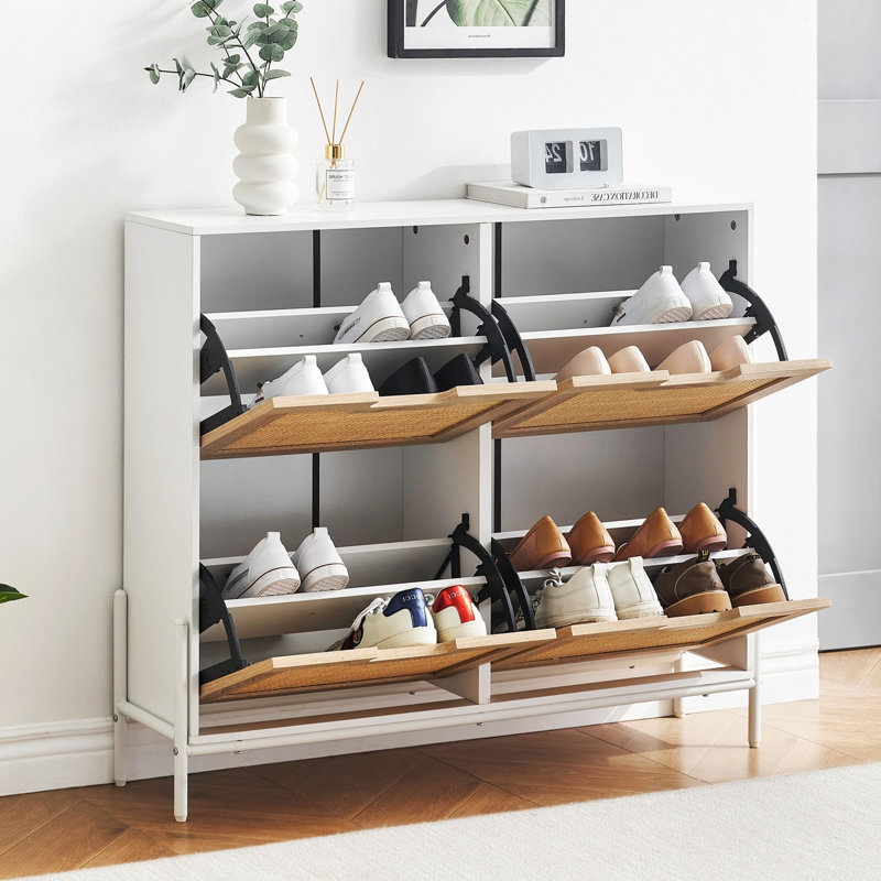 Rattan Shoe Cabinet with 4 Flip Drawers & Adjustable Shelf, Narrow Hidden Shoe Storage for Entryway or Home, White & Oak