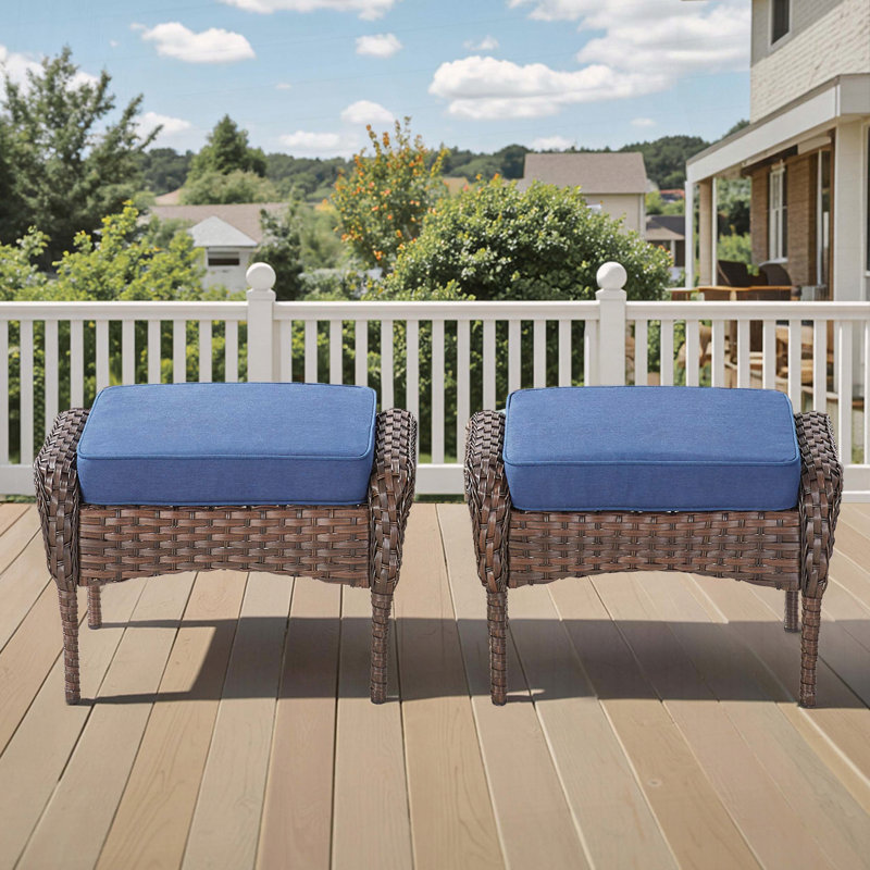 Ensemble de 2 repose-pieds d'extérieur en osier avec coussins moelleux, Coussin bleu / cadre brun