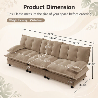 Canapé modulaire 107 places à 3 places Cloud, canapé modulaire avec assise profonde et treillis, tissu chenille respirant de couleur verte