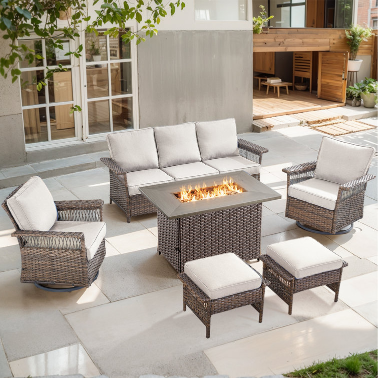 Deb 6-Pieces Outdoor Wicker Patio Conversation Set with Fire Pit Table and Ottomans