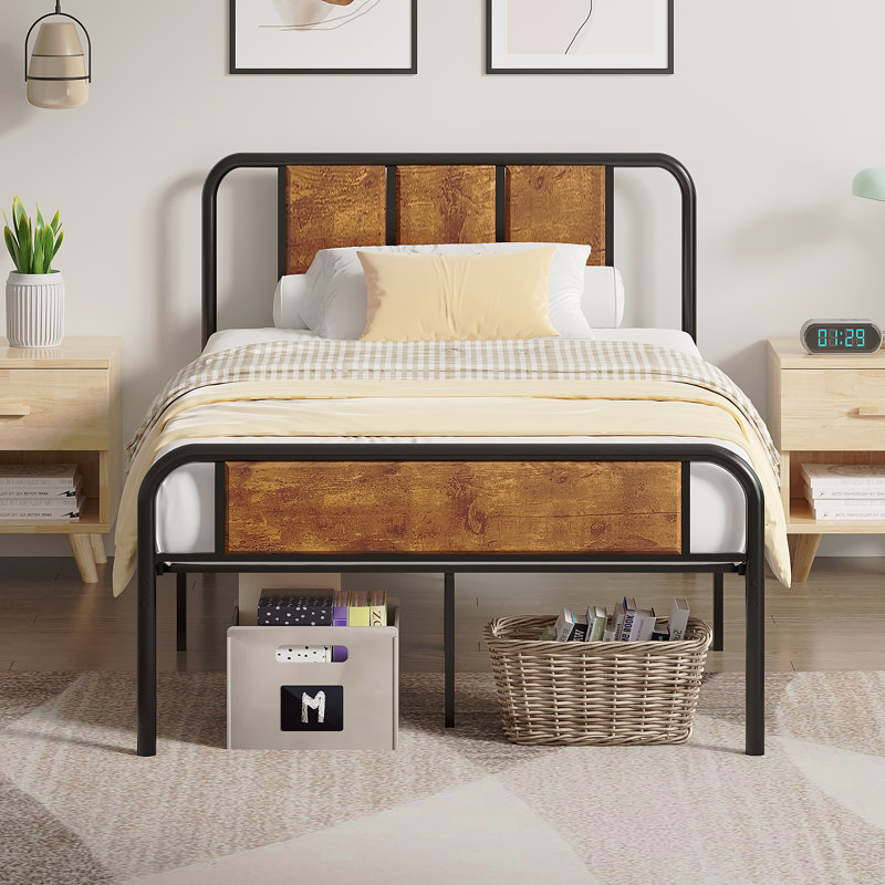 Single/Double Size Bed Frame with Modern Wood Headboard and Footboard, Heavy Duty Metal Platform Bed Frame, Stable Platform Bed with Steel Slats Support, No Box Spring Needed, Easy Assembly