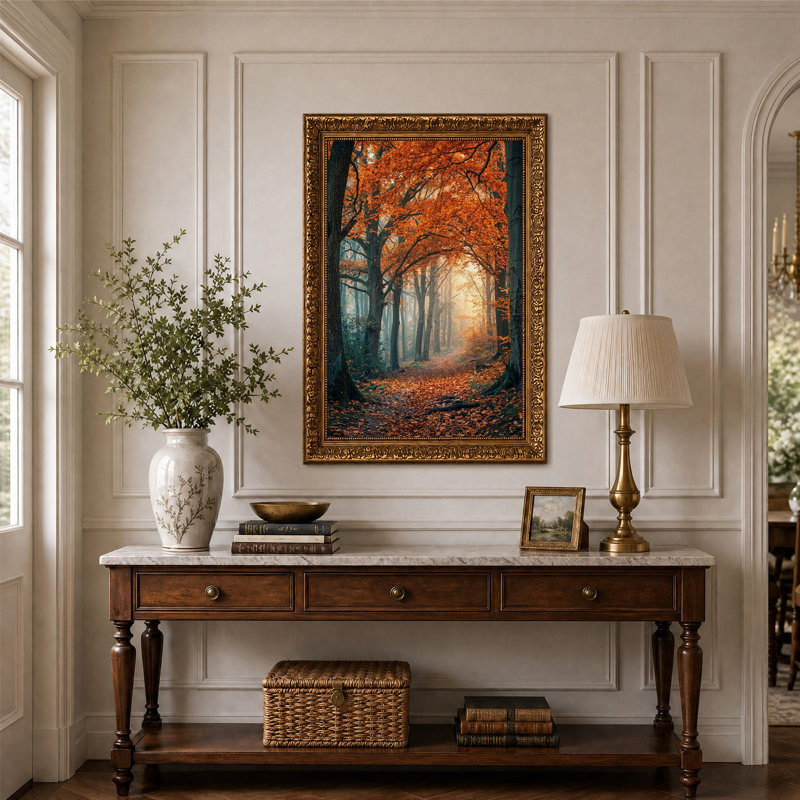 Sentier forestier d'automne ensoleillé avec des feuilles oranges, tableau sur toile, H 24 po x l 16 po