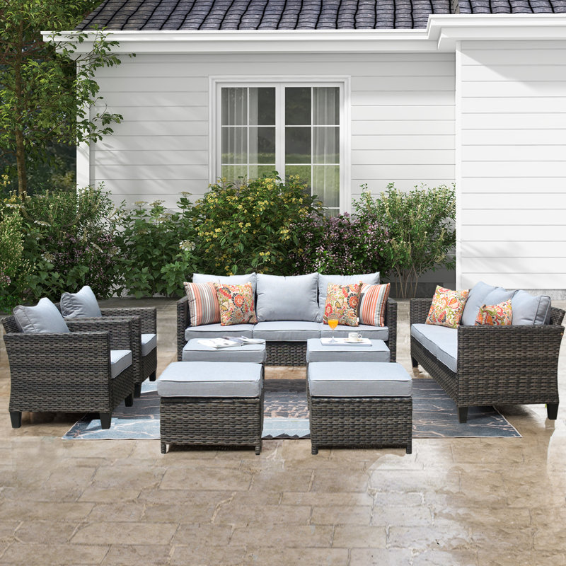 Ensemble de conversation avec canapé en rotin et coussins 8 pièces pour terrasse, Gris
