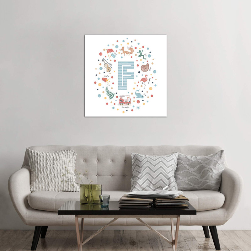 Lettre illustrée F bleue - impression, H 37 po x l 37 po x P 1,5 po, Toile tendue, Pas de tapis