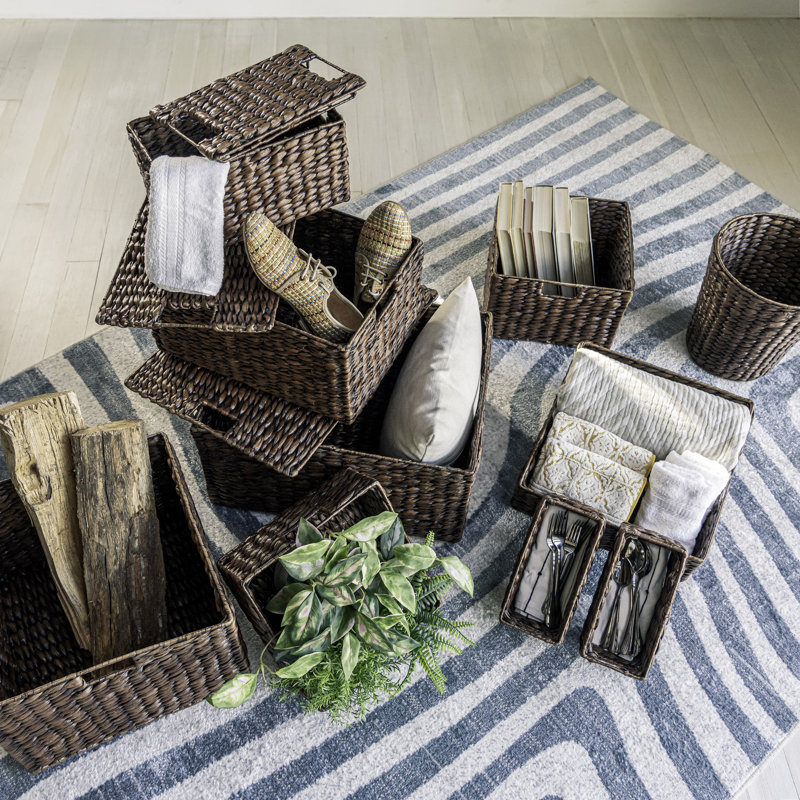 Handwoven Dark Brown Hyacinth Storage Basket Set with Iron Frame