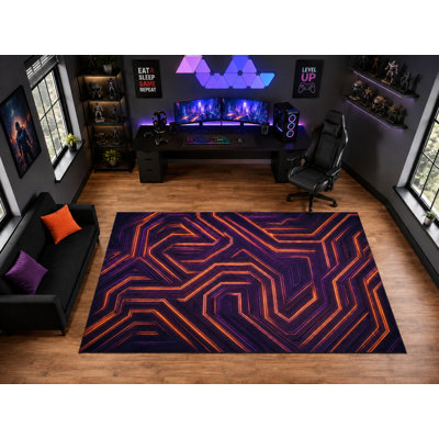 "Ultra Light Weight" Large 6'7" x 9'10" Orange Neon Maze Pattern Area Rug for Playroom Decor, Soft Low Pile Indoor Rug with Non-Slip Silicone Backing, Black Purple Orange
