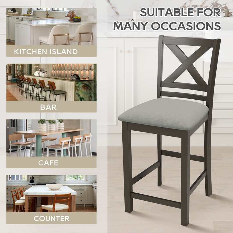 Upholstered 26" Counter  Bar Stool Solid Wood Counter Stool, Gray, Dark Gray