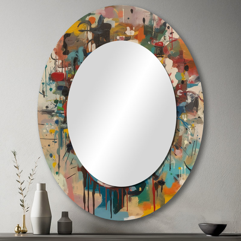 Abstract Face Portrait II - Yellow Modern Oval Wall Mirror, 43" x 33"