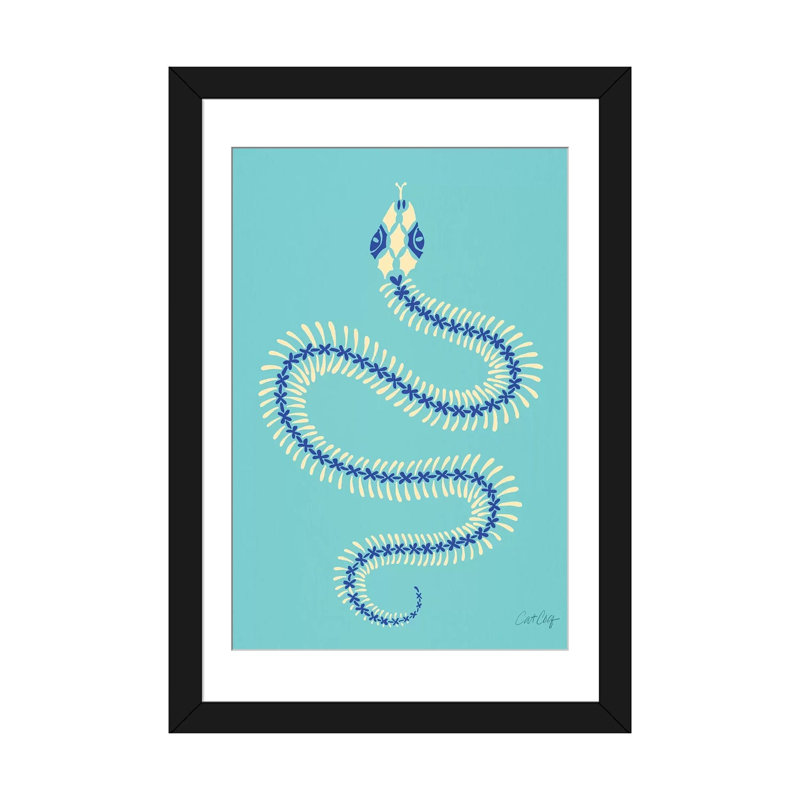 Strickler crème et squelette de serpent bleu, H 24 po x l 16 po x P 1 po, Papier d'art encadré noir, Blanc