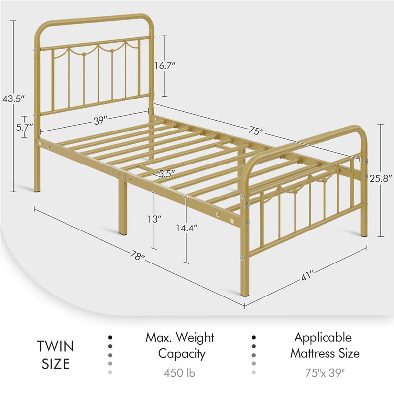 Dravin Metal Platform Bed Frame with Vintage Headboard and Footboard, Twin, Antique Gold