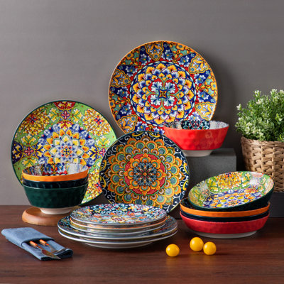 16 Pieces Porcelain Dinnerware Set, Multicolour Set, Polychrome, Ceramic Stamping In Bohemian Style, Dinner Plate, Dessert Plate, Soup Plate And Bowl Set For 4 Person