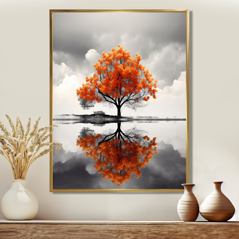 Orange Autumn Tree Alone In The Lake - Tree Wall Art Decor, 32" H x 24" W, Gold Floater Framed, Solid Wood
