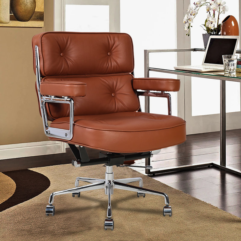 Chaise de bureau en cuir véritable Jonathyn, Brun
