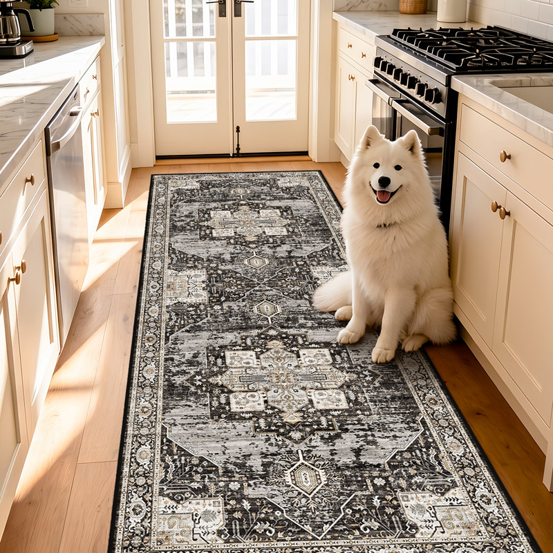 Washable 3X8 Runner Rugs - Large Boho Rugs for Living Room Stain Resistant Carpet Vintage Tribal Rugs for Bedroom Kitchen Bathroom Non Slip Backing Home Decor Floor Decoration Mat 3X8 Black