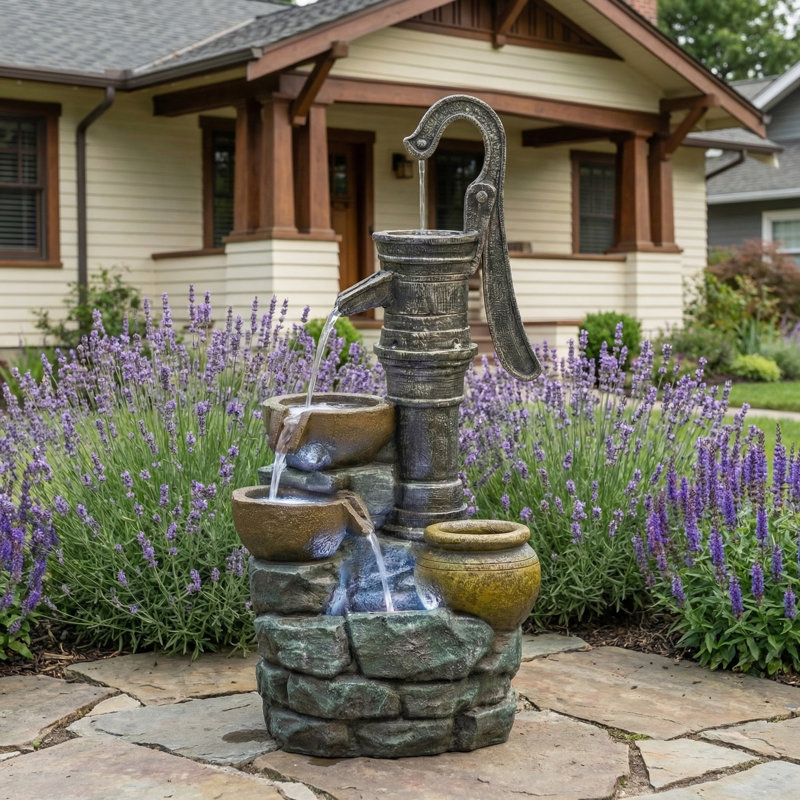 Large Outdoor Fountain with Vintage Pump & Natural Stone Design, Weather-Resistant Resin Water Feature for Patio Yard Garden