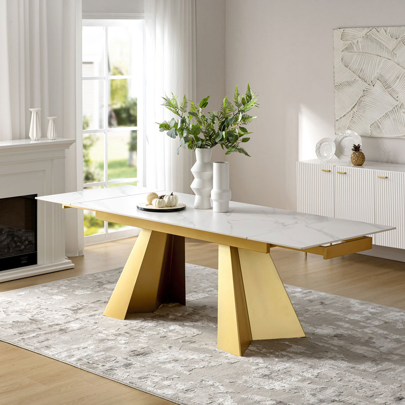 Bodkin Glam Modern 63"to 94"Extendable Rectangular Sintered Slate Dining Table for 6-10, White/Gold