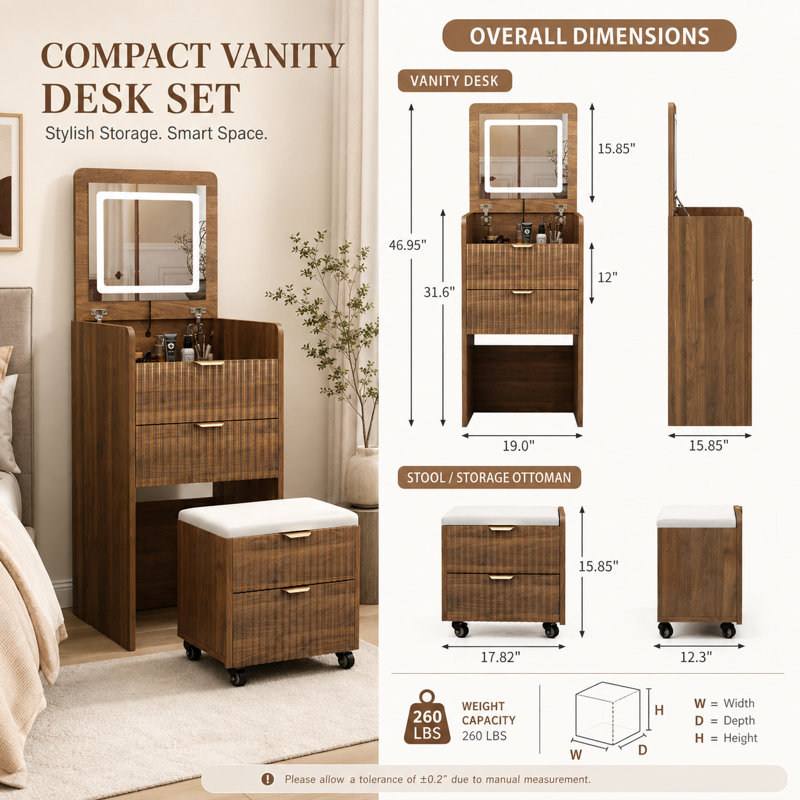 Ensemble de coiffeuse compacte 3 en 1 avec tabouret à roulettes, coiffeuse en noyer avec 3 tiroirs, miroir rabattable avec lumières intégrées pour petite chambre à coucher