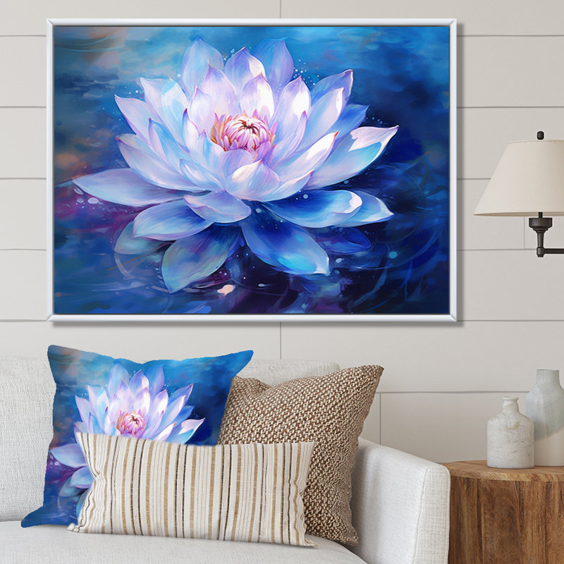 «Blue Pink Blue Pink Lotus Pond», reproduction sur toile florale, H 30 po x l 40 po x P 1,5 po, Cadre flottant blanc