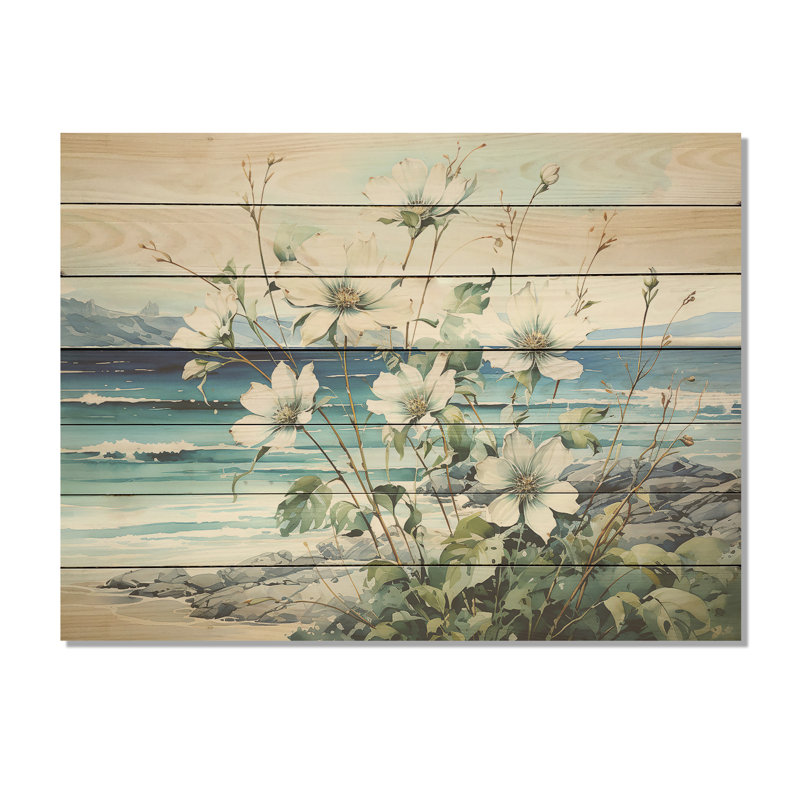 Flower In Oceanic Calm Beach View II - Coastal Minimalism On Wood Print, 30" H x 40" W x 0.78" D