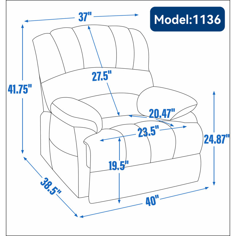 Fauteuil inclinable électrique en chenille de 23 po de large et à dossier haut avec massage par vibration 8 points et chauffage lombaire