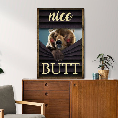 Bear Peeping - Nice Butt Gallery Wrapped Canvas - Bath And Laundry Animal Illustration Decor, Brown And Black Bathroom Decor