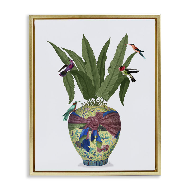 Art mural sur toile flottant, "Traditional Birds on Planter" par Fab Funky, H 31 po x l 25 po, Cadre flottant métallique doré