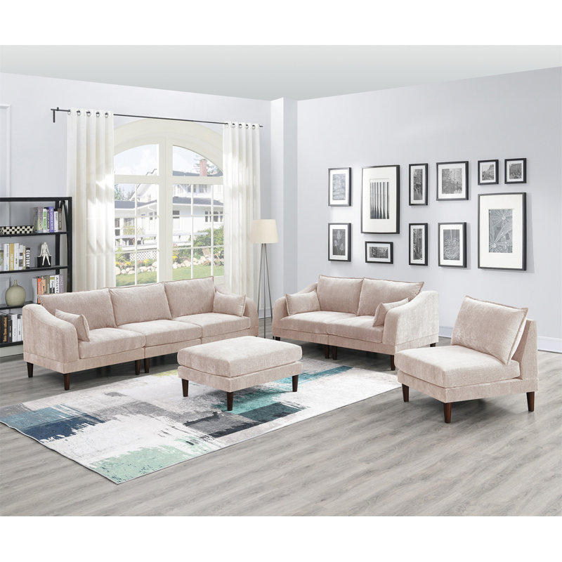 Beautiful 6Pcs Modular Sofa Set 4X One Arm Chairs 1X Armless Chair 1X Ottoman Living Room Furniture Blush Pink Morgan Fabric