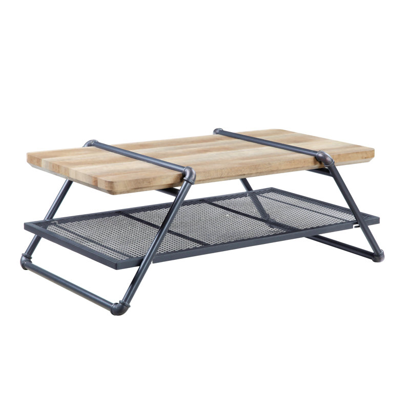 Brantley 47'' Oak and Gray Industrial Coffee Table with Metal Mesh Shelf
