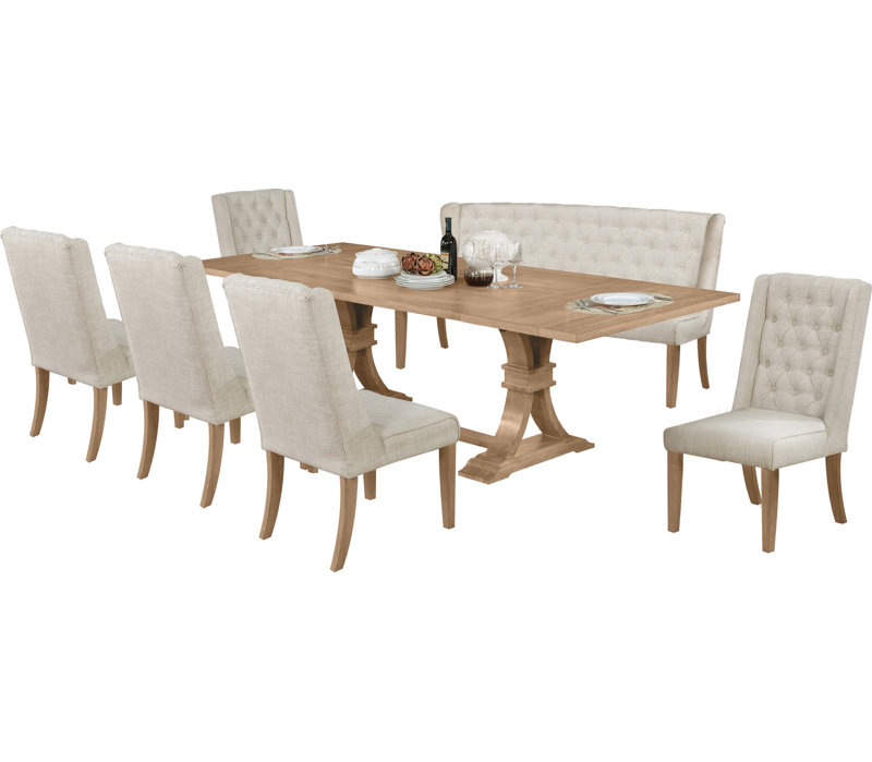 Ensemble de salle à manger extensible Dions avec sièges rembourrés en lin et capitonnage à boutons, Naturel rustique, Beige