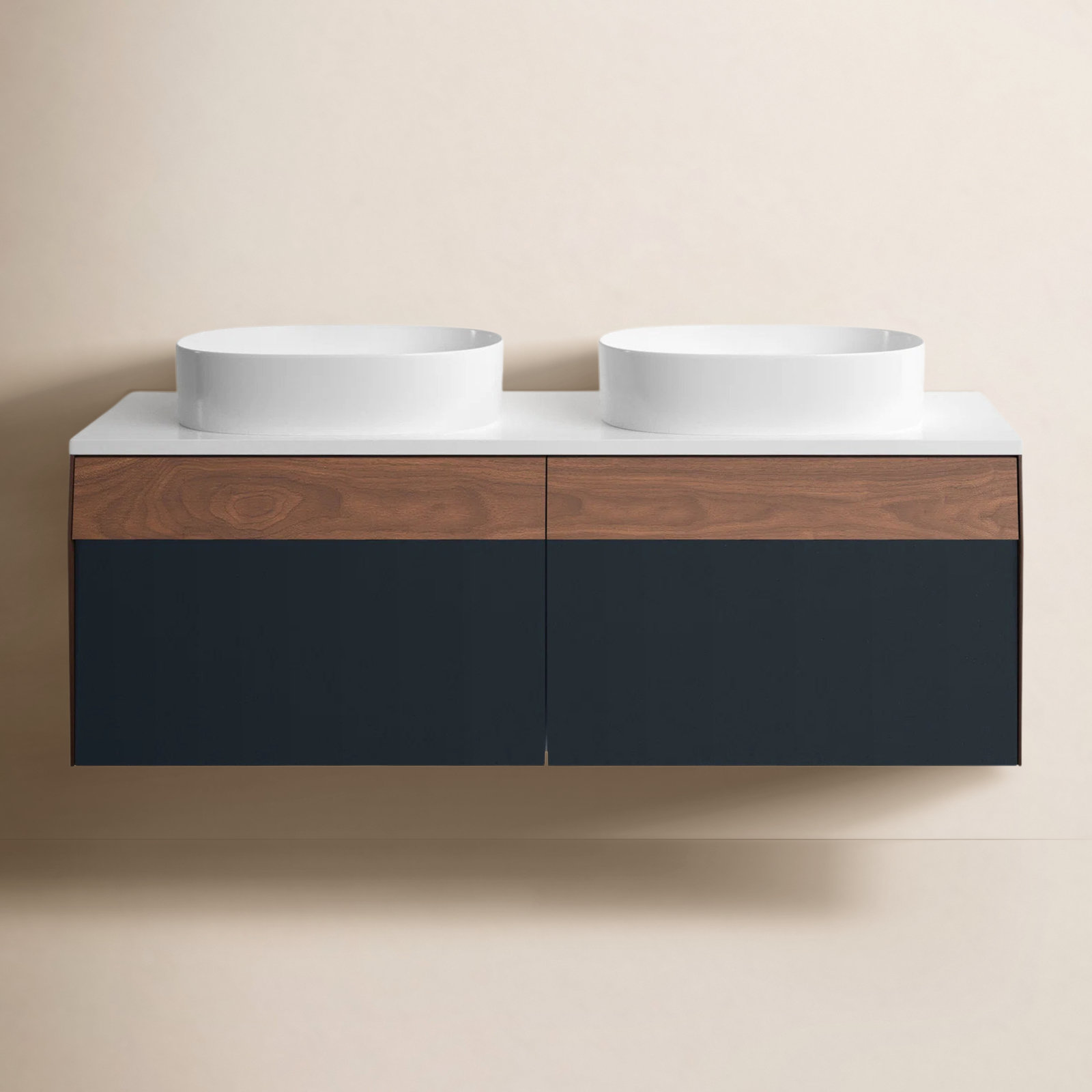 Lynwood 55" Wall-Mounted Double Bathroom Vanity Set, Light Brown/Dark Blue