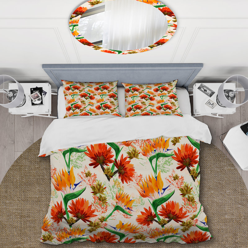Orange Flowers And Leaves - Ensemble de housse de couette Cabin & Lodge, Housse de couette pour grand lit et 2 taies décor
