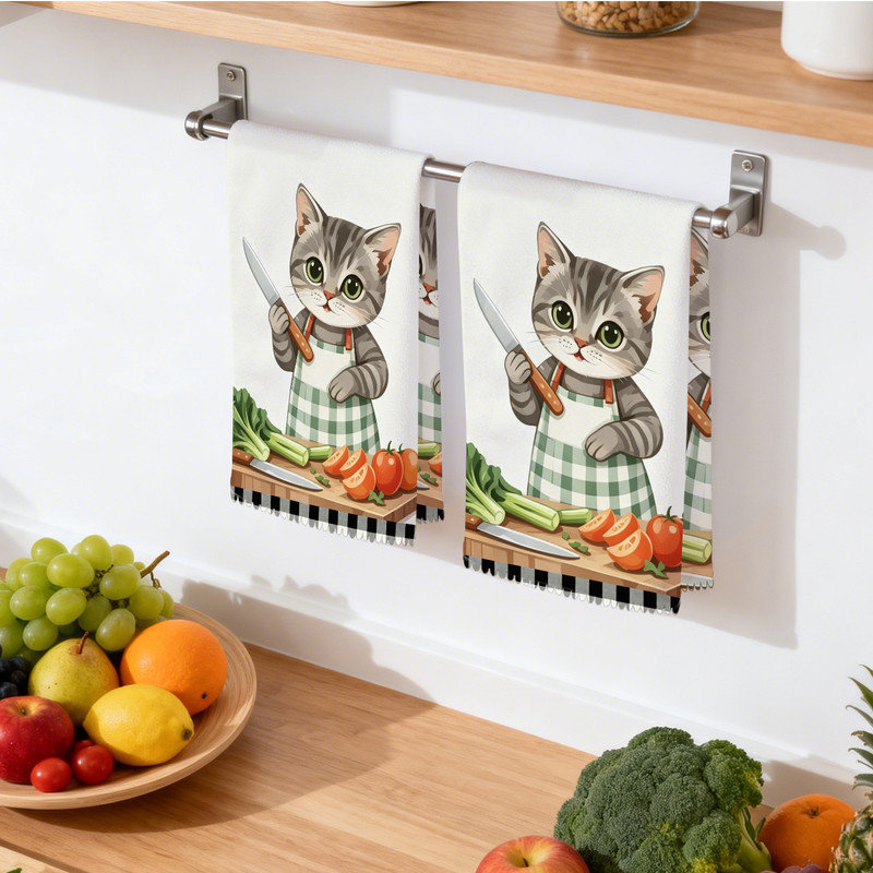  Linges de cuisine en microfibre, linges à vaisselle réutilisables absorbants, décoratifs résistants à la décoloration, 16 po x 24 po, chef de chat