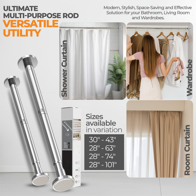 Adjustable Silver Stainless Steel Tension Shower Curtain Rod (28" - 74")