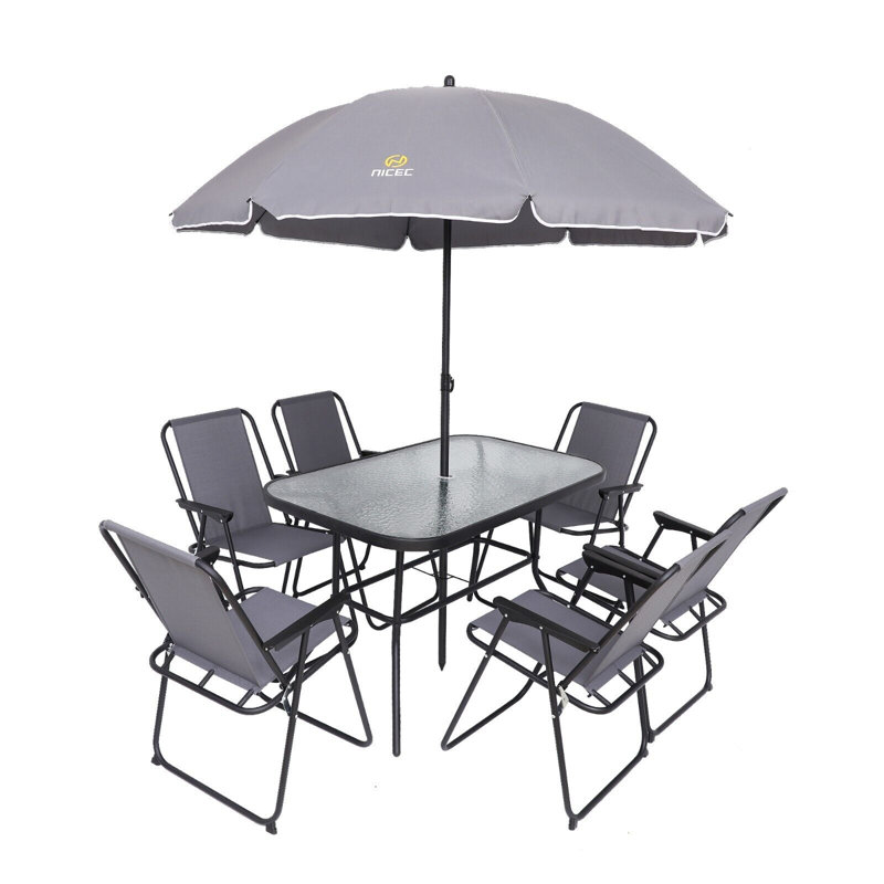 Ensemble de salle à manger 8 pièces pour le jardin, table de jardin d'extérieur avec parasol amovible, table en verre et 6 chaises pliantes Muke