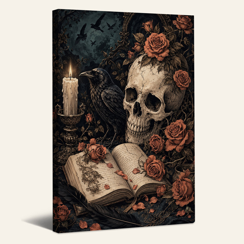 Crâne et corbeau avec roses rouges et bougie allumée, art mural d'Halloween, H 48 po x l 32 po