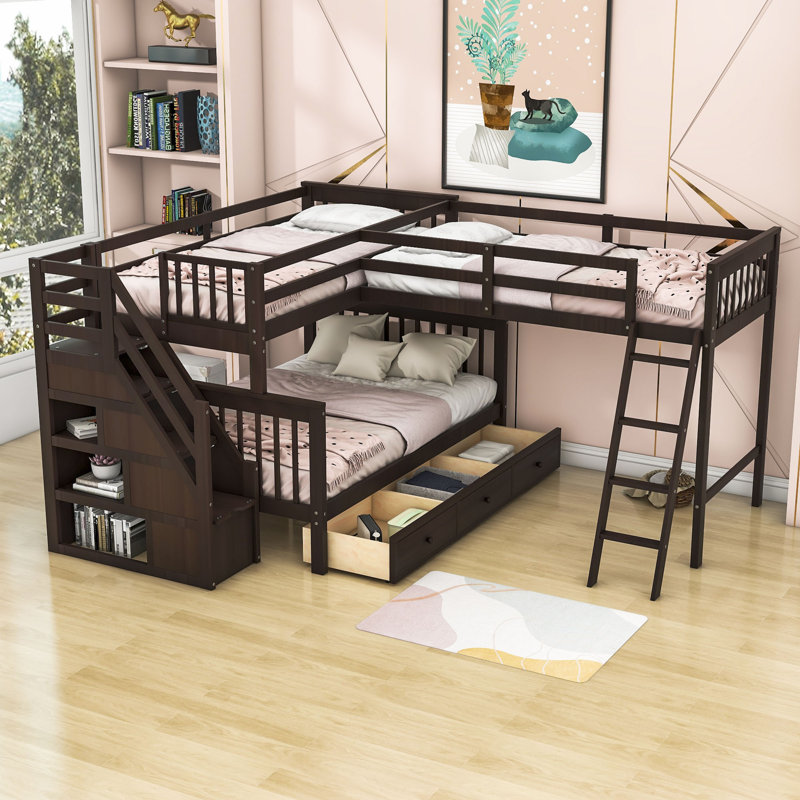 Hoople Twin over Full L-Shaped Wood Bunk Bed With 3 Drawers, Ladder and Stair, Espresso