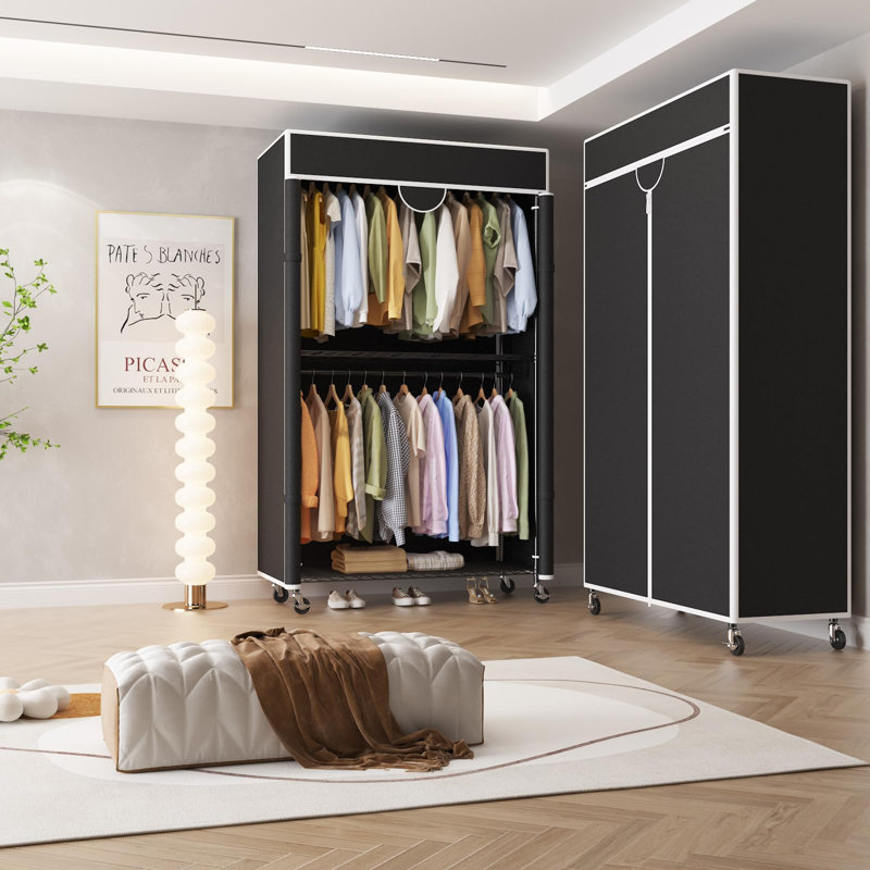 Heavy Duty Clothes Rack with Cover, 485lb Capacity, Rolling Portable Closet Wardrobe, Carbon Steel, Dustproof, Tool-Free Assembly, Black
