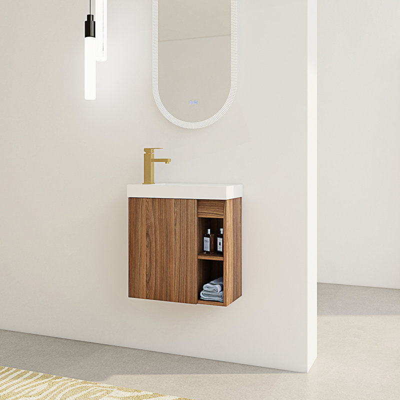 Meuble-lavabo flottant mural avec lavabo en résine et porte d'armoire à fermeture en douceur