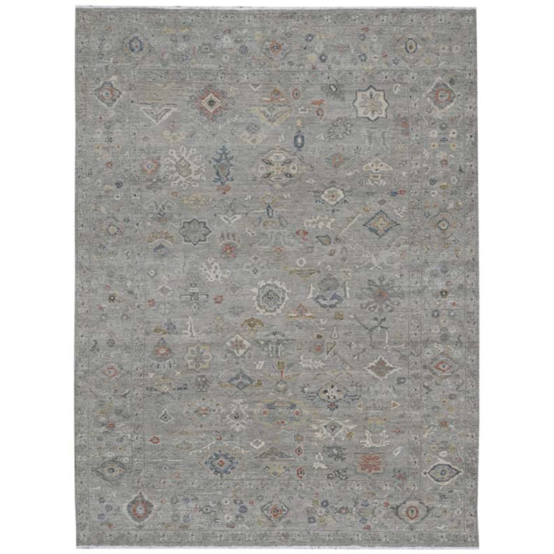 Tapis gris clair noué à la main de haute qualité, Rectangle 9 pi x 12 pi