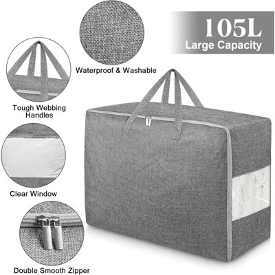 2Pack 105L Extra Large Storage Bags, Folding Moving Comforter Blanket Storage Bags Closet Organizers And Storage Containers For Clothes With Strong Handles&Zippers Clear Window For Bedding Pillow Grey