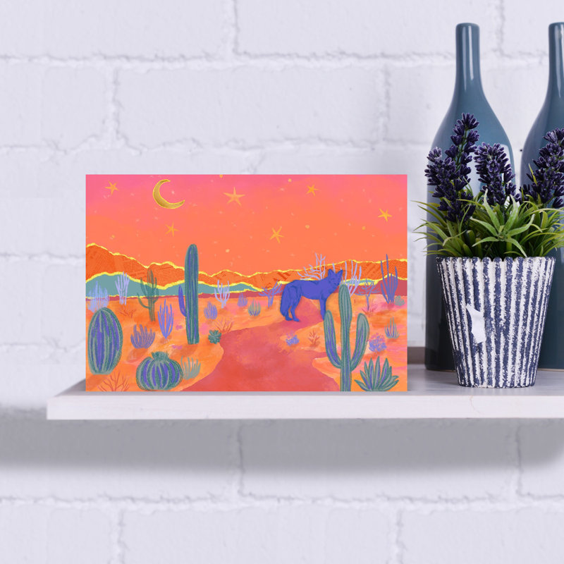 Coyote sous la lune du désert, art mural de paysage de cactus vibrant surréel, H 12 po x l 18 po