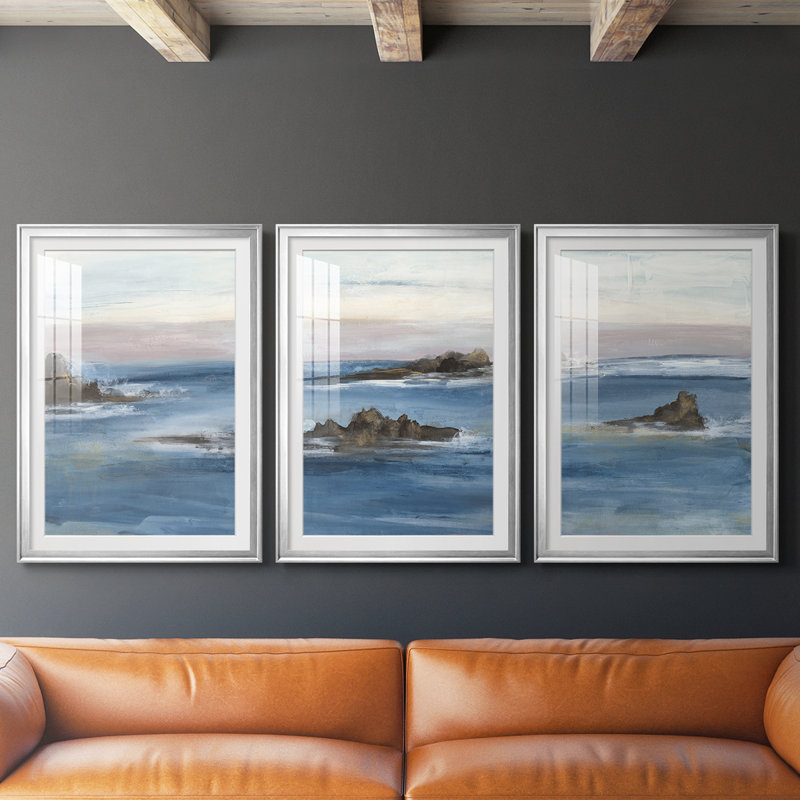 «Merging the Ocean I», impression sur mesure encadrée de qualité supérieure - 3 pièces, Argent argent, H 15 po x l 19 po