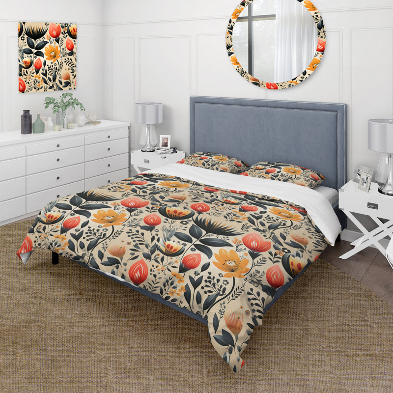 Ensemble de housse de couette à motif floral jaune rétro Nostalgia, Housse de couette pour très grand lit et 2 très