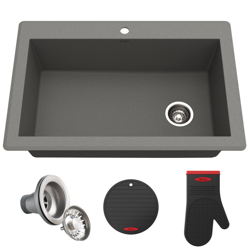 Gray 33-Inch Single Bowl Granite Drop-In Kitchen Sink