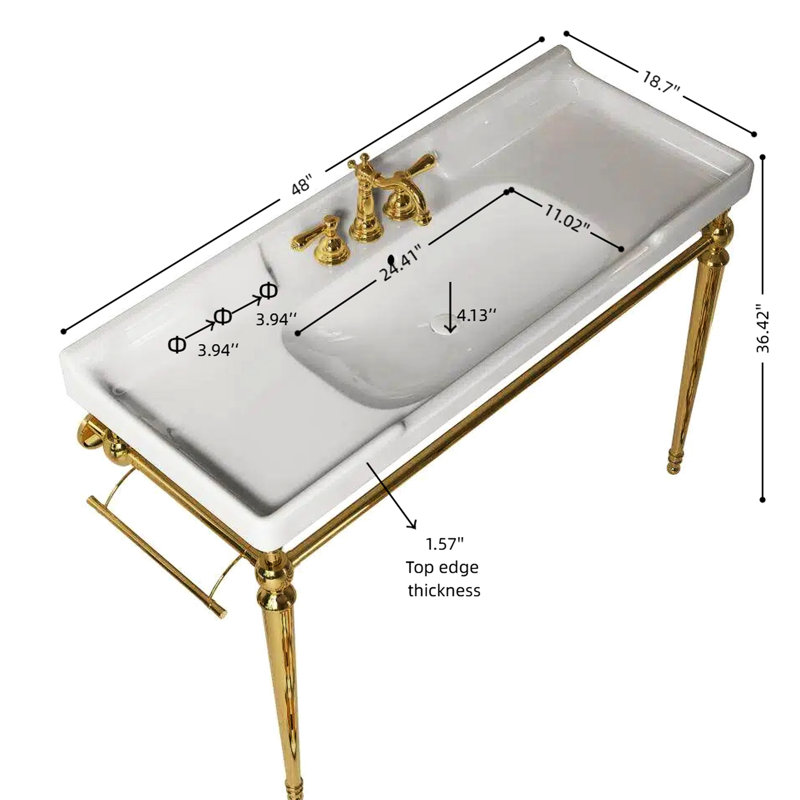 Lavabo de console de salle de bain 48 po, meuble-lavabo mural en céramique blanc avec 3 trous de robinet, support en acier inoxydable, couleur or et meuble-lavabo Scratch, haute performance