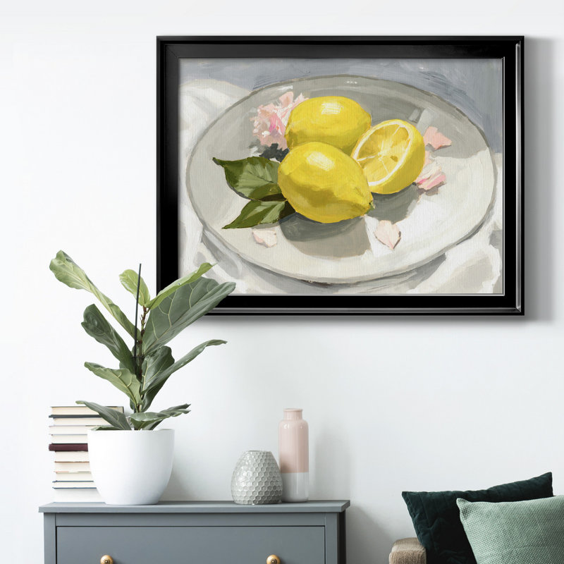 Citrons sur une plaque I - peinture sur toile encadrée, H 30,5 po x l 42,5 po x P 1 po, Cadre noir