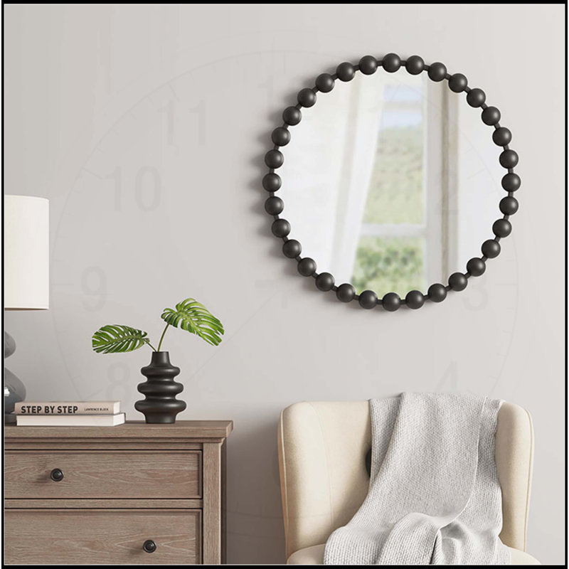 Magnifique miroir mural rond perlé pour une décoration intérieure élégante, Noir