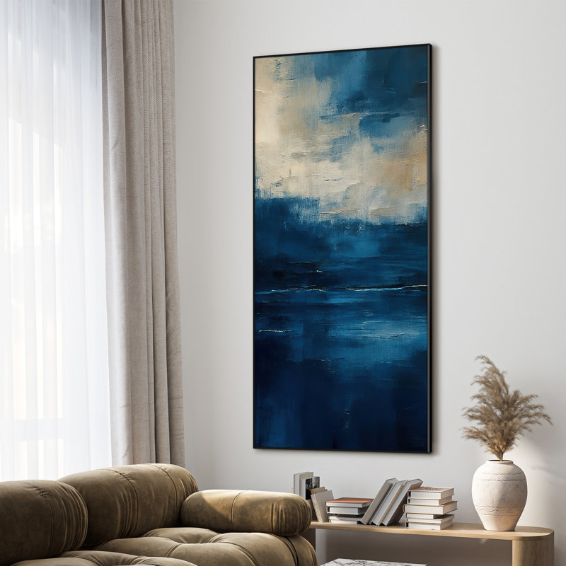 Très grande reproduction d'art sur tissu - Décoration murale abstraite moderne bleu foncé pour le salon ou la chambre à coucher - «Assemblage requis du cadre (cadre non fini)»