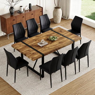 Wood Dining Table Set For 8，71"  Rectangular Table With Metal Frame & Natural Finish