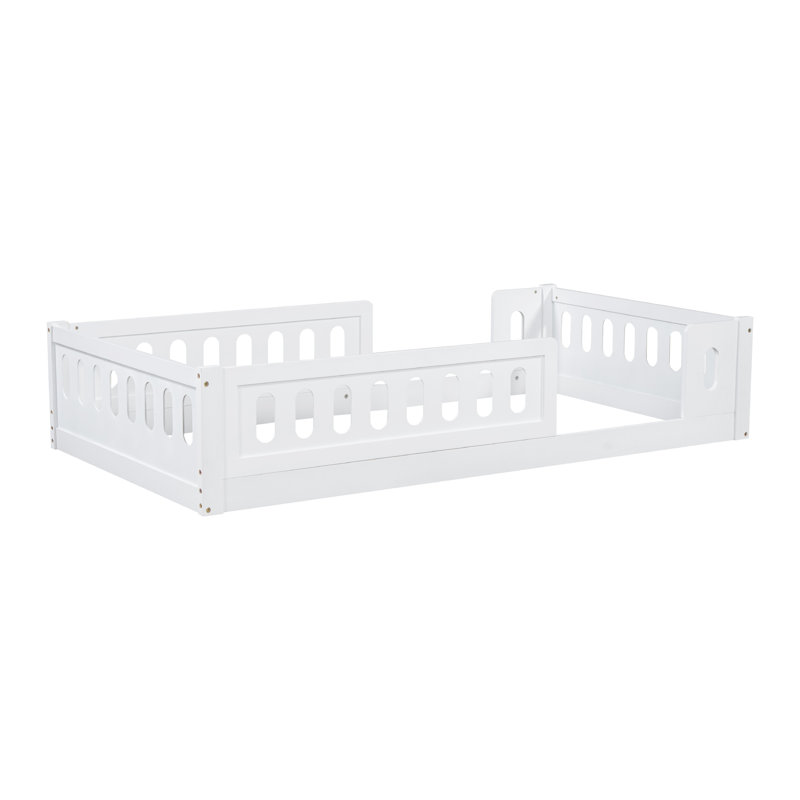 Wood Floor Bed with Semi-Enclosed Guardrails, White, Twin
